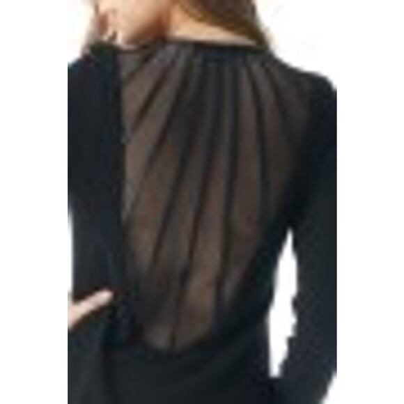 NWT SKY | L | Leather Trimmed Sheer Back Top Blouse Ruched Deep V GWENNO - Picture 4 of 9